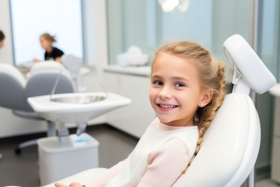 Junges Mädchen sitzt lachend im Zahnarztstuhl